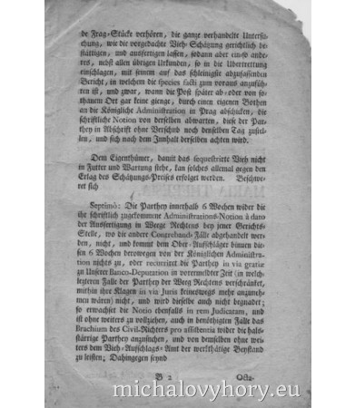 Dekret z období Marie Terezie - cenový výměr dobytka a masa pro Chebsko který platil i zde. Strana 6