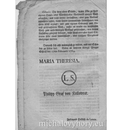 Dekret z období Marie Terezie - cenový výměr dobytka a masa pro Chebsko který platil i zde. Strana 8